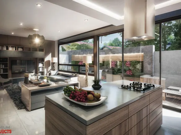 Cocina con isla y ventanales hacia el patio en casa en venta en Bahía Marina, Marina Mazatlán (Cerritos)