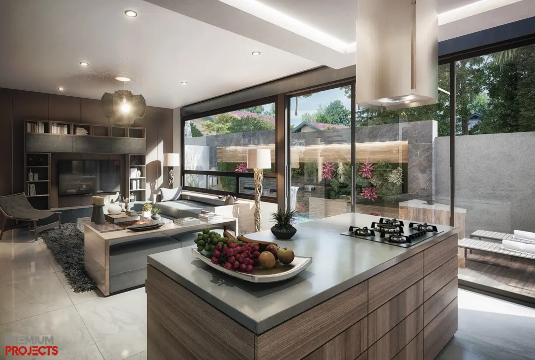 Cocina con isla y ventanales hacia el patio en casa en venta en Bahía Marina, Marina Mazatlán (Cerritos)