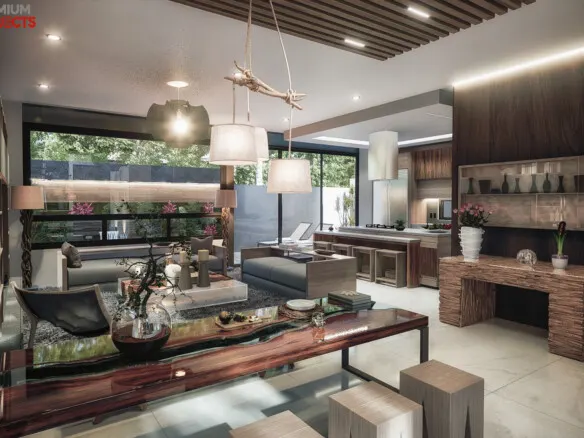 Sala y cocina integral con isla en casa en venta en Bahía Marina, Marina Mazatlán (Cerritos)