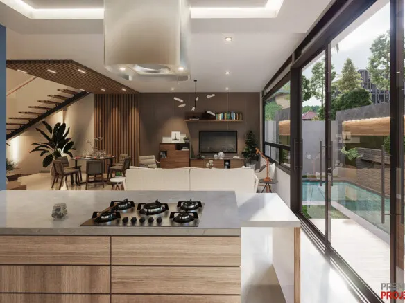 Cocina con vista a alberca privada en casa en venta en Bahía Marina, Marina Mazatlán (Cerritos)