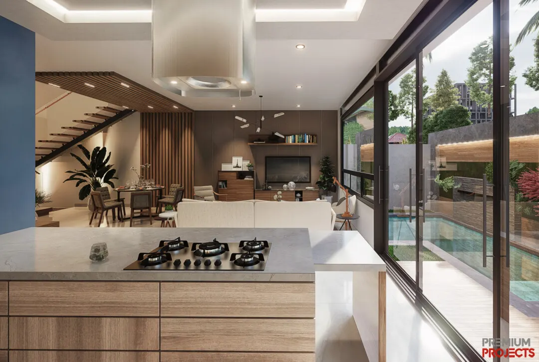 Cocina con vista a alberca privada en casa en venta en Bahía Marina, Marina Mazatlán (Cerritos)