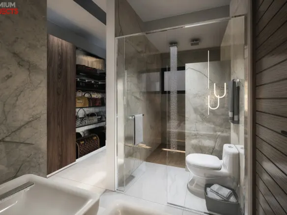 Baño moderno con regadera y cancel en casa en venta en Bahía Marina, Marina Mazatlán (Cerritos)