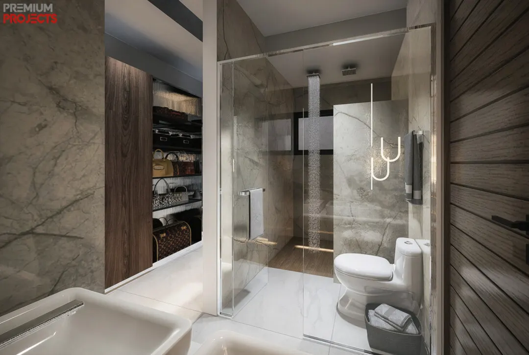 Baño moderno con regadera y cancel en casa en venta en Bahía Marina, Marina Mazatlán (Cerritos)