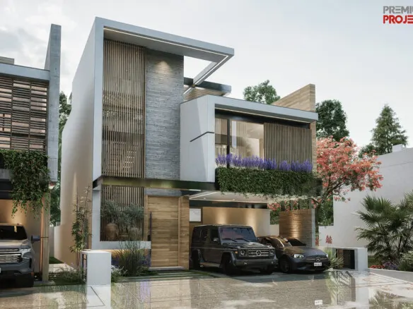 Vista lateral de la Fachada moderna de casa en venta en Residencial Bahía Marina, Marina Mazatlán (Cerritos)