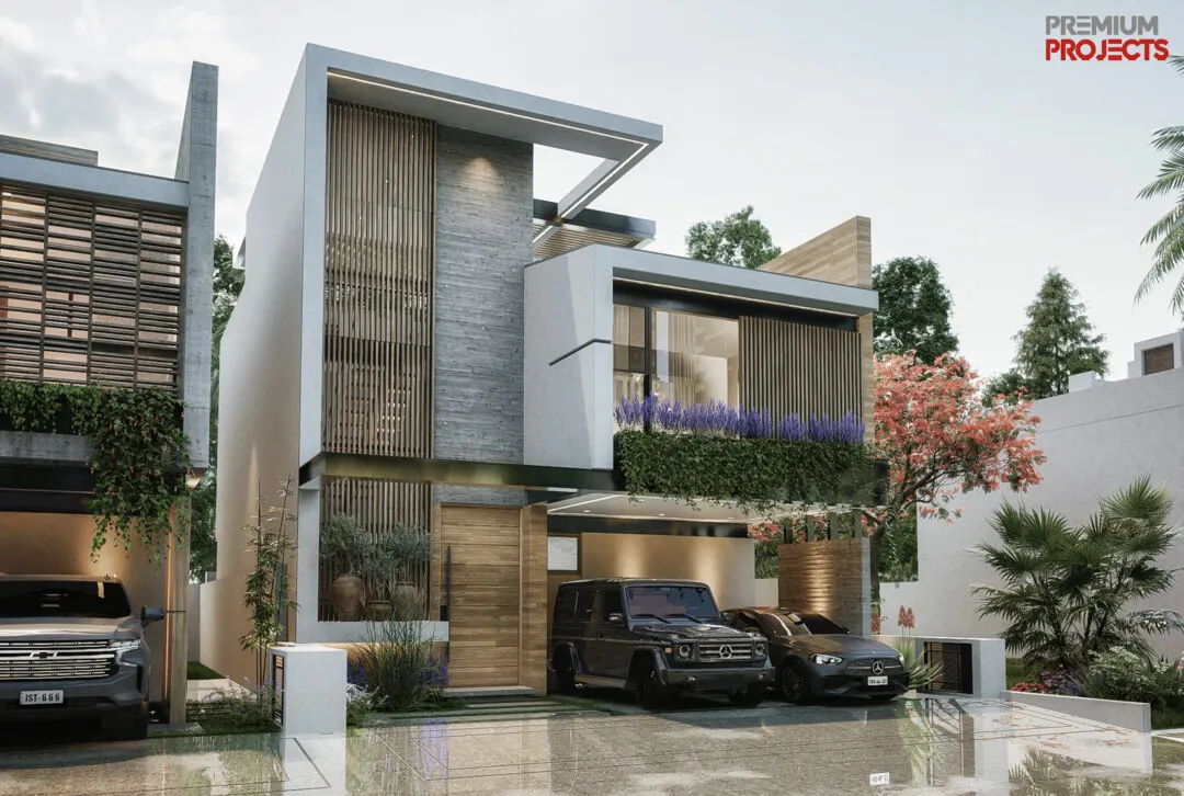 Vista lateral de la Fachada moderna de casa en venta en Residencial Bahía Marina, Marina Mazatlán (Cerritos)