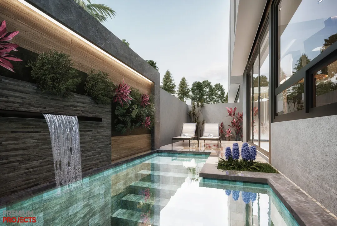 Alberca privada en el patio de casa en venta en Bahía Marina, Marina Mazatlán (Cerritos)