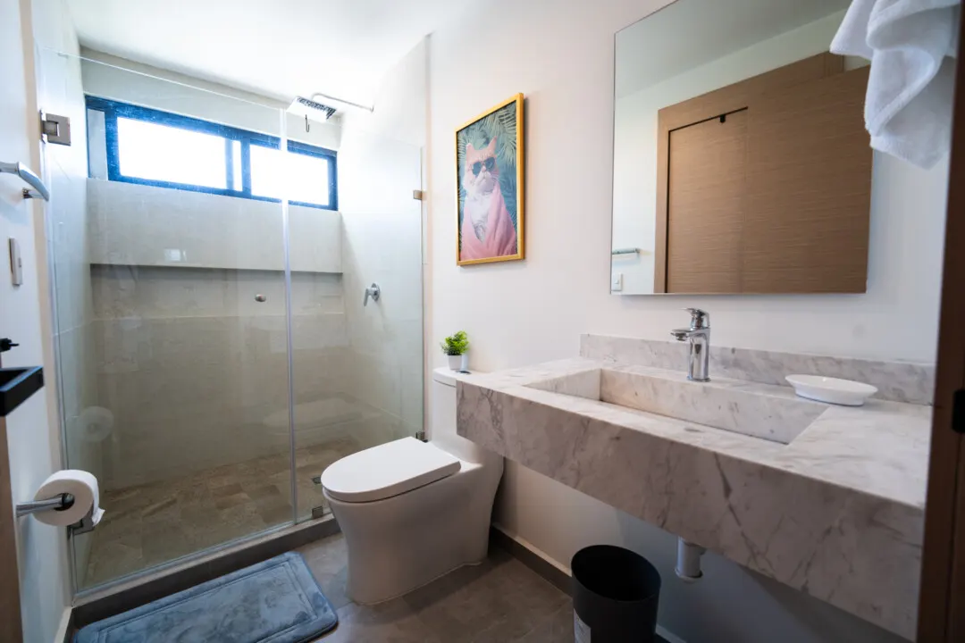 Depa zafira Daniel-17 Baño completo con regadera de cristal — Departamento Torre Zafira, Zona Dorada