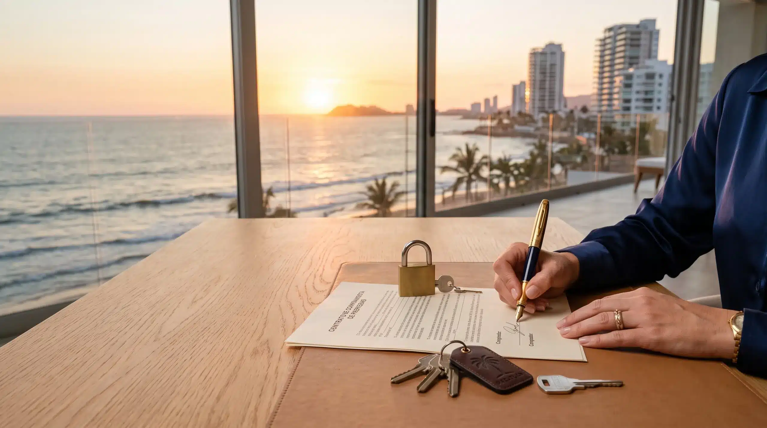 Firma segura de contrato de compraventa con escrow en Mazatlán
