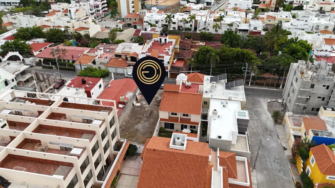 Ubicación del terreno en venta en El Dorado, Zona Dorada de Mazatlán, vista aérea con pin de referencia