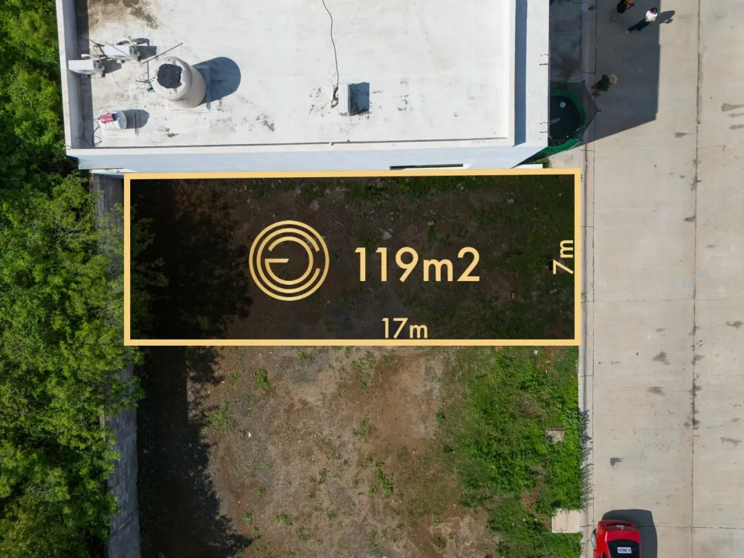 default Terreno de 119 m² con 7 metros de frente y 17 metros de fondo en Pacífico Hills, Mazatlán, medidas marcadas en vista aérea