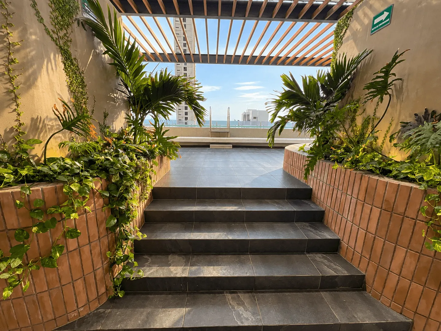 departamento-san-sebastian-palos-prieros-en-venta-mazatlan-malecon-2 Escalera de acceso al roof top con jardineras en Torre San Sebastián, Mazatlán